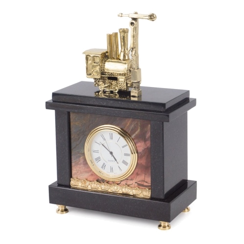 Часы "Паровоз с семафором" бронза яшма 125х70х200 мм 1900 гр.