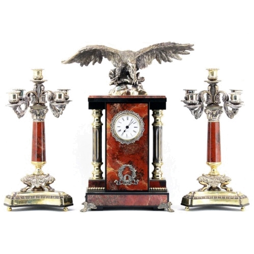 Каминные часы из яшмы "Орел" с канделябрами