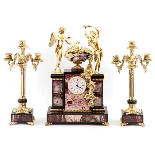 Каминные часы "Амур и Психея" с канделябрами из яшмы и бронзы