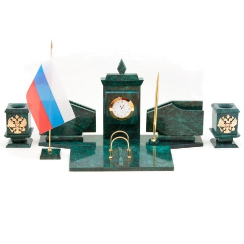 Настольный набор с гербом и флагом России змеевик