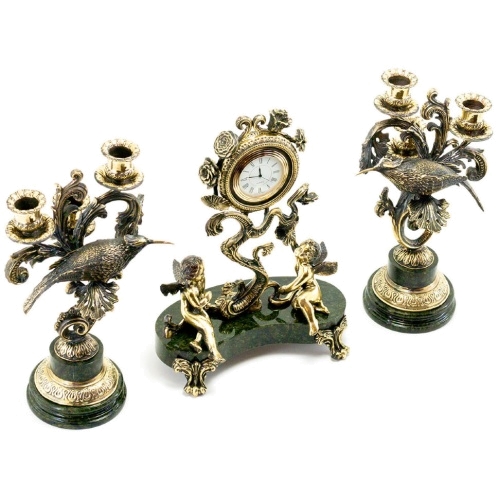 Каминные часы "Колибри" с канделябрами  из змеевика и бронзы