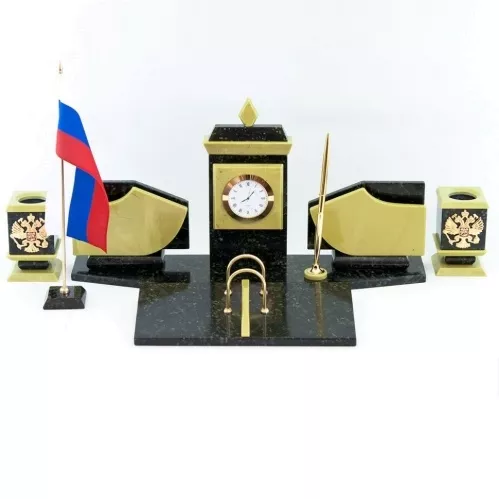 Настольный набор с гербом и флагом России офиокальцит