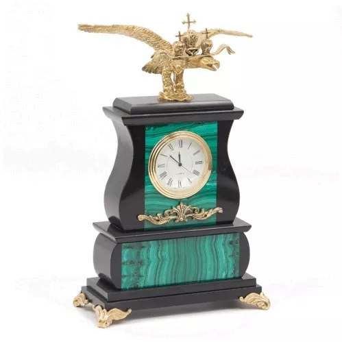 Часы "Двуглавый орел" малахит бронза 150х75х250 мм 1850 гр.